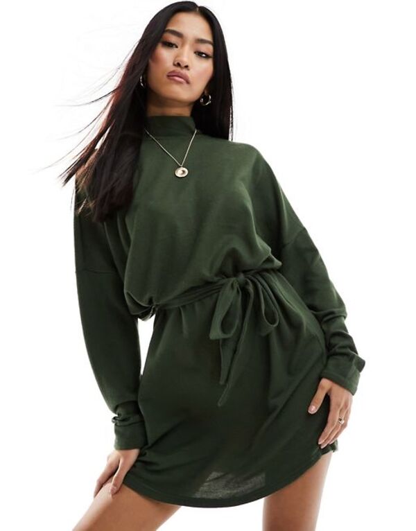  ノイジーメイ レディース ワンピース トップス Noisy May tie waist high neck knitted mini sweater dress in dark green Kombu green