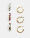 エイソス 【送料無料】 エイソス レディース ピアス・イヤリング アクセサリー ASOS DESIGN pack of 3 hoop earrings with MULTICOLOR and clear baguette crystals in gold tone GOLD