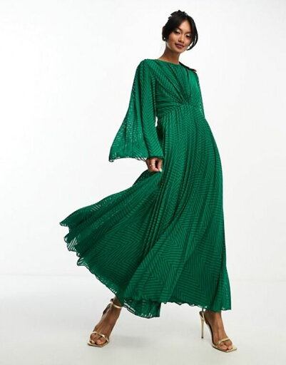 【送料無料】 エイソス レディース ワンピース トップス ASOS DESIGN tie back fluted sleeve pleated chevron chiffon midi dress in green PINE GREEN 【送料無料】 エイソス レディース ワンピース トップス ASOS DESIGN tie back fluted sleeve pleated chevron chiffon midi dress in green PINE GREEN