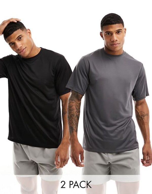 【送料無料】 エイソス メンズ Tシャツ トップス ASOS 4505 Icon training t-shirt 2 pack with quick dry in black and gray Black / Gray