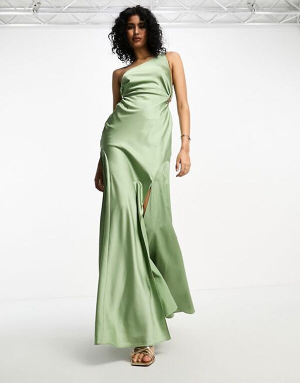  エイソス レディース ワンピース トップス ASOS DESIGN satin one shoulder maxi dress with waist detail in sage green Sage