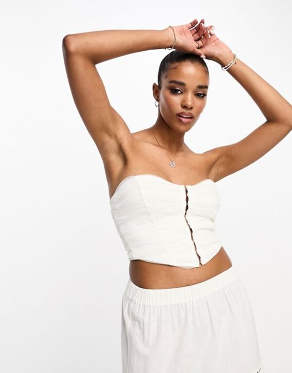 【送料無料】 ミスセルフフリッジ レディース シャツ トップス Miss Selfridge ruched detail mesh bandeau corset in cream CREAM