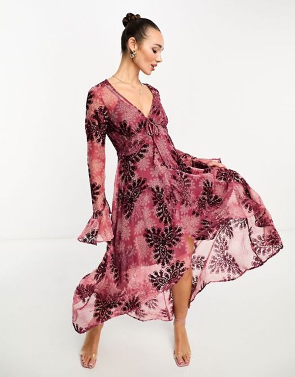 【送料無料】 エイソス レディース ワンピース トップス ASOS DESIGN velvet burnout hi low hem midi dress in pink paisley print PINK PAISLEY BURNOUT 1