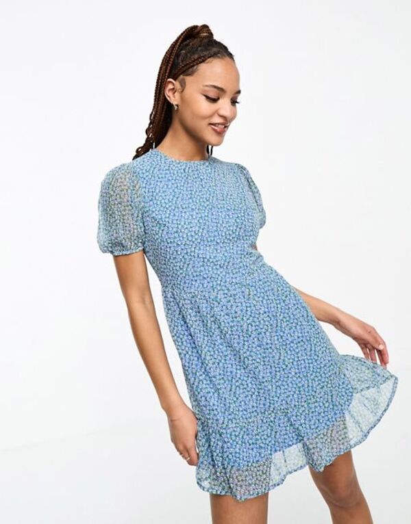  インフルエンス レディース ワンピース トップス Influence puff sleeve tiered mini dress Blue multi