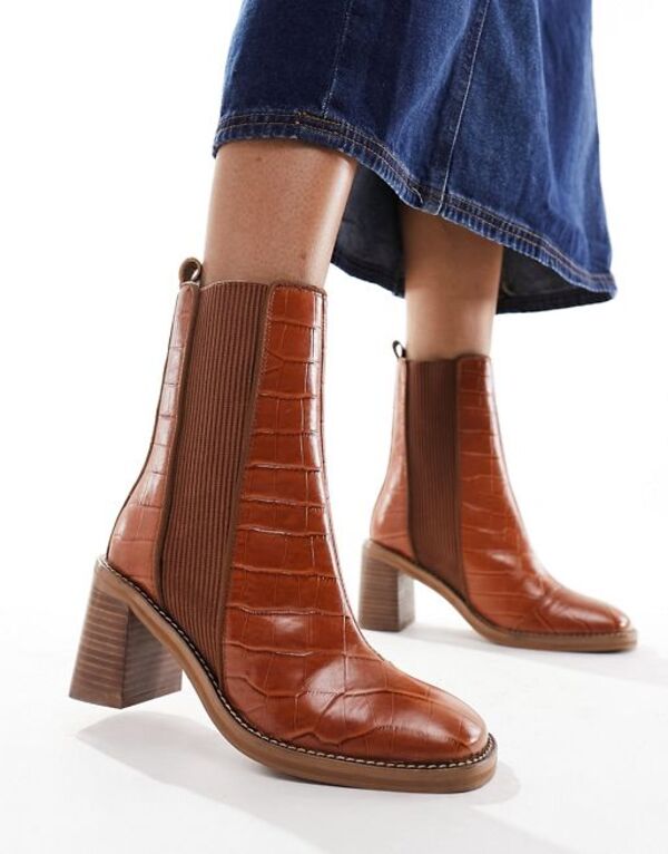  エイソス レディース ブーツ・レインブーツ シューズ ASOS DESIGN Ratings leather chelsea boots in tan croc TAN CROC LEATHER