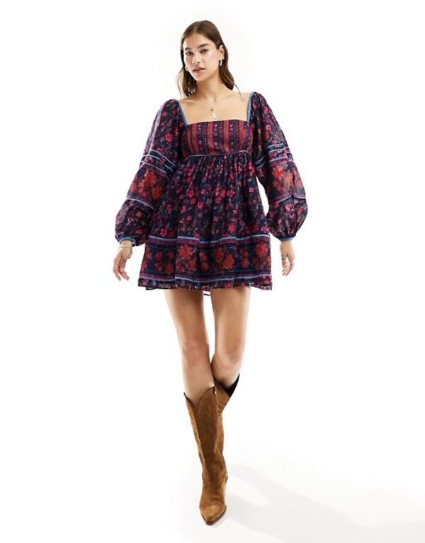 フリーピープル 【送料無料】 フリーピープル レディース ワンピース トップス Free People floral print babydoll mini smock dress in black Midnight Combo