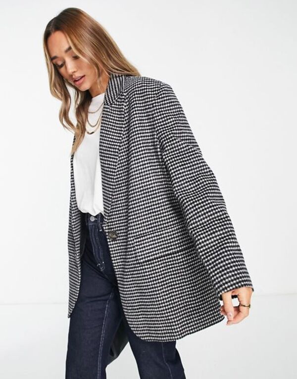 【送料無料】 エイソス レディース コート アウター ASOS DESIGN brushed houndstooth grandad wool mix jacket in black & white Black & White