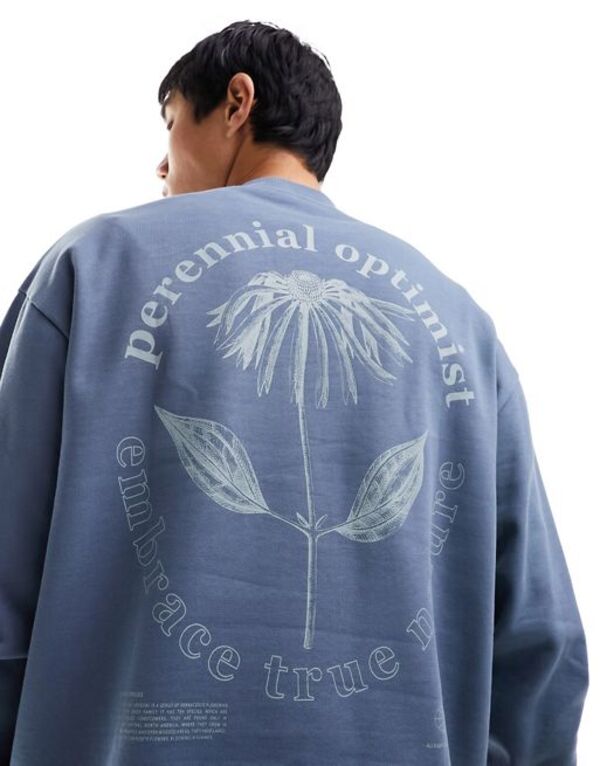 エイソス 【送料無料】 エイソス メンズ パーカー・スウェット アウター ASOS DESIGN oversized sweatshirt in dark blue with floral back print and front print CHINA BLUE