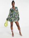 yz GC\X fB[X s[X gbvX ASOS DESIGN tie front soft mini dress with cuff and waist detail in green floral print Blue blurred floral