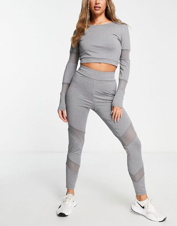 yz X[hxA fB[X MX {gX Threadbare Fitness gym leggings with mesh insert in gray heather Gray