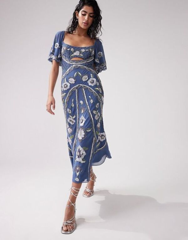 エイソス 【送料無料】 エイソス レディース ワンピース トップス ASOS DESIGN embellished floral flutter sleeve midi dress with open back in blue Mid Blue