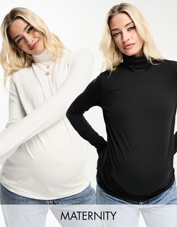 yz X[hxA fB[X TVc gbvX Threadbare Maternity 2 pack high neck long sleeve top in black and white Black/white