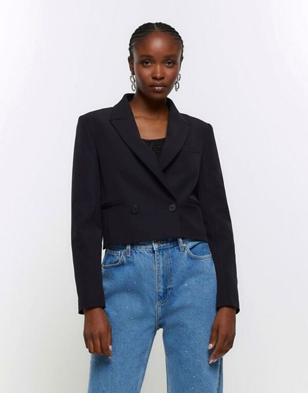 リバーアイランド 【送料無料】 リバーアイランド レディース ジャケット・ブルゾン ブレザー アウター River Island crop double breasted blazer in black Black