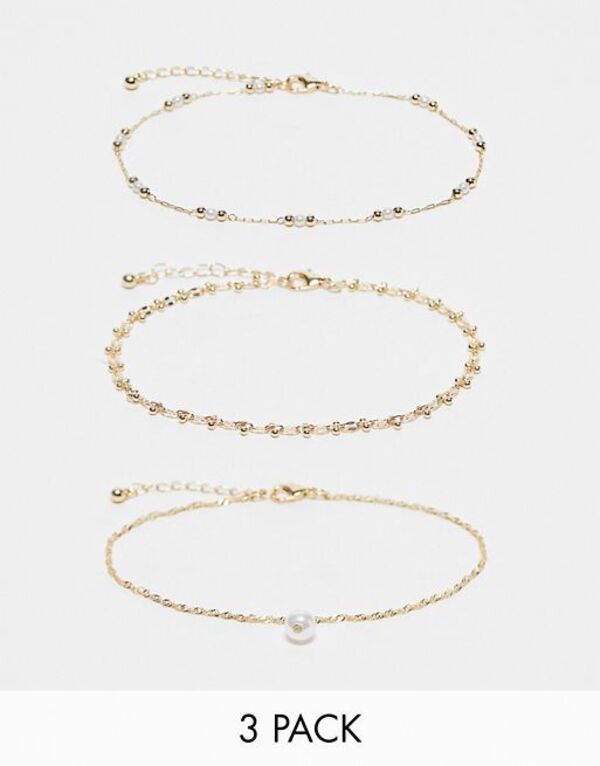 エイソス 【送料無料】 エイソス レディース ブレスレット・バングル・アンクレット アクセサリー ASOS DESIGN Curve pack of 3 anklets with faux pearl and ball design in gold tone Gold