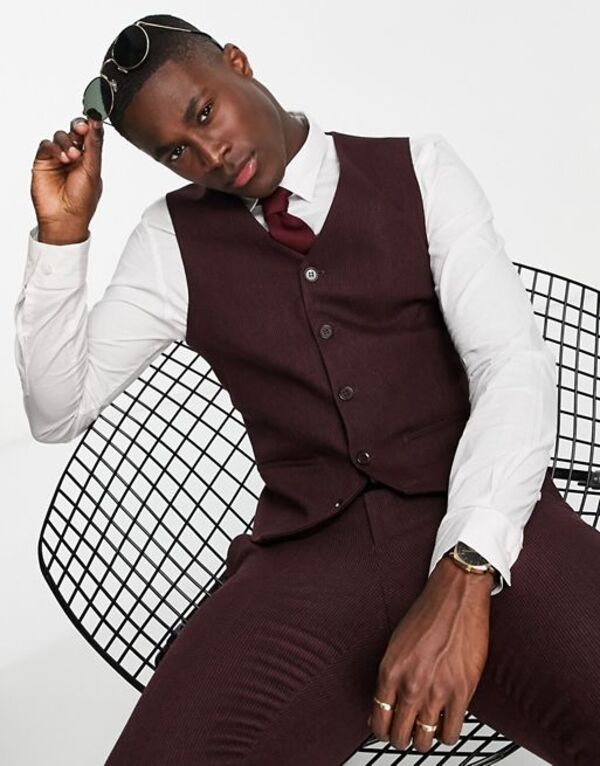 ̵   ٥ ȥåץ ASOS DESIGN wedding super skinny wool mix vest in burgundy puppytooth Burgundy