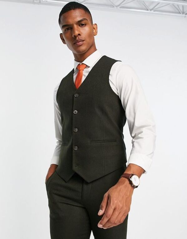 ̵   ٥ ȥåץ ASOS DESIGN wedding skinny wool mix suit vest in dark green herringbone DARK GREEN