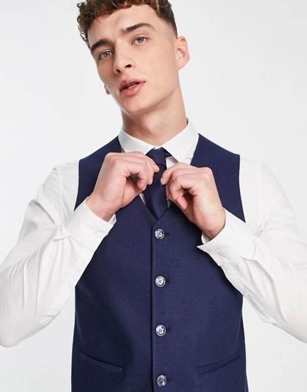 ̵   ٥ ȥåץ ASOS DESIGN skinny wool mix suit vest in navy twill NAVY