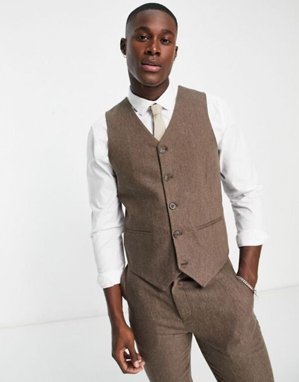 ̵   ٥ ȥåץ ASOS DESIGN wedding skinny wool mix suit suit vest in camel herringbone CAMEL