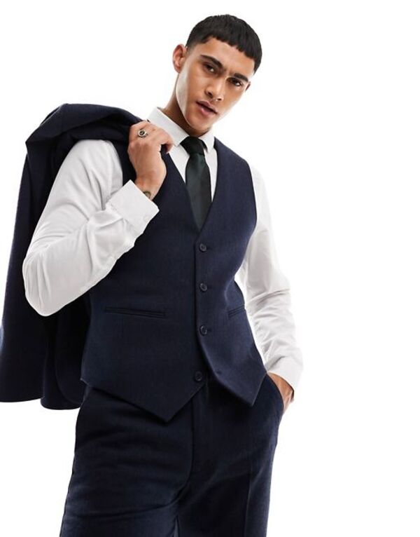 ̵   ٥ ȥåץ ASOS DESIGN wedding slim wool mix suit vest in navy basketweave texture NAVY