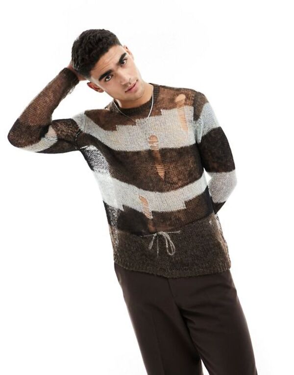 【送料無料】 エイソス メンズ ニット・セーター アウター ASOS DESIGN knit sheer mesh laddered sweater with stripe in black Black