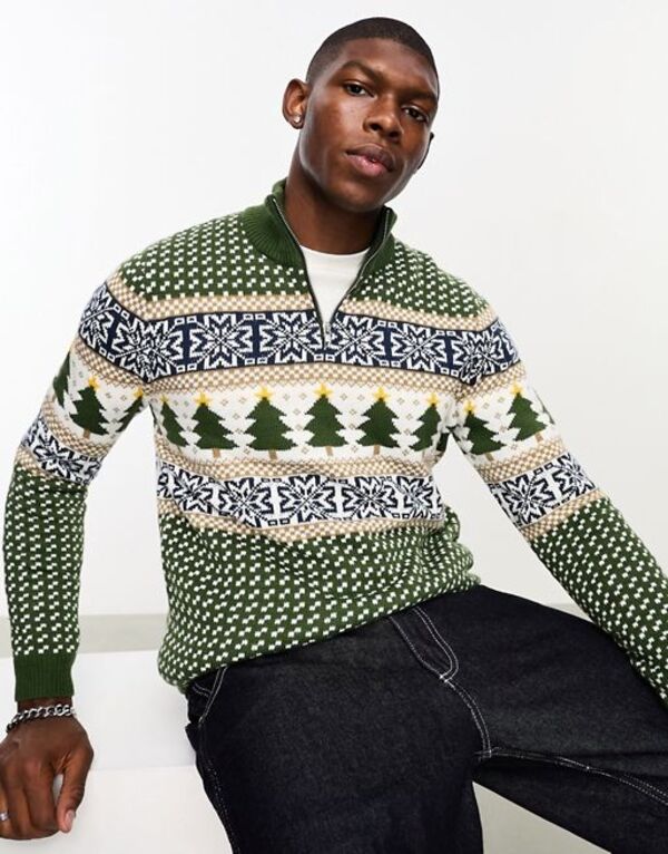 【送料無料】 エイソス メンズ ニット・セーター アウター ASOS DESIGN knit 1/4 zip Christmas sweater in green fairisle pattern GREEN