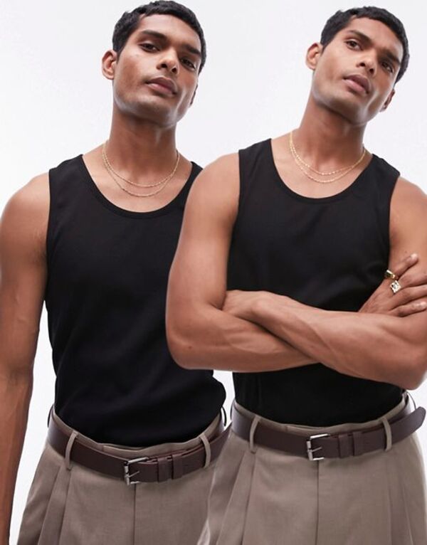 ̵ ȥåץޥ  ٥ ȥåץ Topman 2 pack ribbed tank in black Black