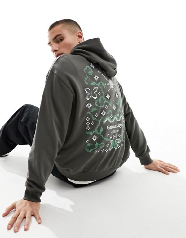 【送料無料】 エイソス メンズ パーカー スウェット フーディー アウター ASOS DESIGN oversized hoodie in khaki with floral back print Beluga