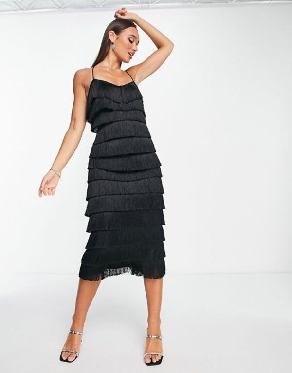 エイソス 【送料無料】 エイソス レディース ワンピース トップス ASOS DESIGN tiered midi fringed dress with cross back detail in black Black