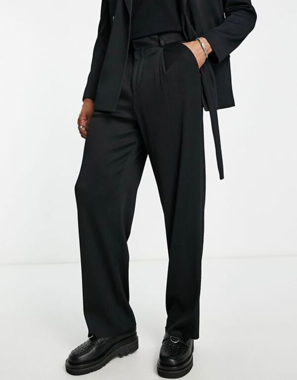 エイソス 【送料無料】 エイソス メンズ カジュアルパンツ ボトムス ASOS DESIGN wide leg suit pants in black plisse Black