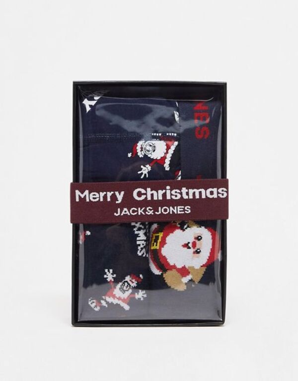 楽天ReVida 楽天市場店【送料無料】 ジャック アンド ジョーンズ メンズ ボクサーパンツ アンダーウェア Jack & Jones Christmas boxer & sock giftbox in navy Santa print Navy Blazer