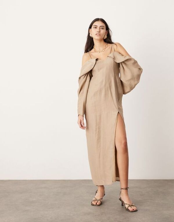 エイソス 【送料無料】 エイソス レディース ワンピース トップス ASOS EDITION drama off the shoulder midaxi dress with long sleeves in camel Stone