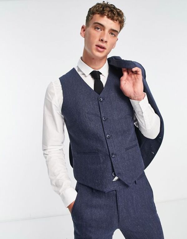 ̵   ٥ ȥåץ ASOS DESIGN super skinny wool mix suit vest in navy herringbone NAVY