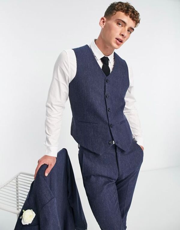 ̵   ٥ ȥåץ ASOS DESIGN wedding skinny wool mix suit vest in navy herringbone NAVY