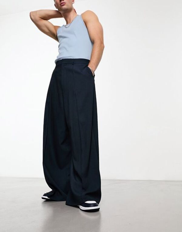 【送料無料】 エイソス メンズ カジュアルパンツ ボトムス ASOS DESIGN smart extreme wide leg pants in navy pin dot NAVY