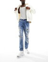 yz GC\X Y fjpc W[Y {gX ASOS DESIGN classic rigid jeans with heavy rips in mid wash blue Mid wash blue