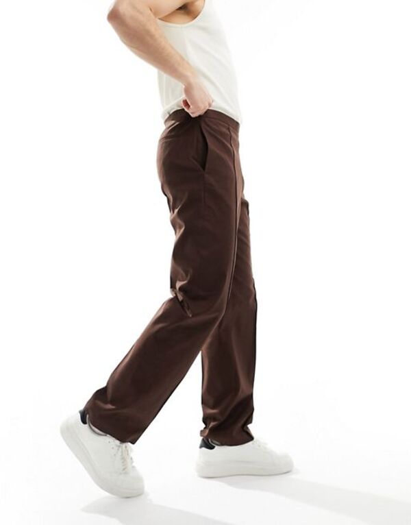 【送料無料】 エイソス メンズ カジュアルパンツ ボトムス ASOS DESIGN straight leg linen blend pants in brown BROWN