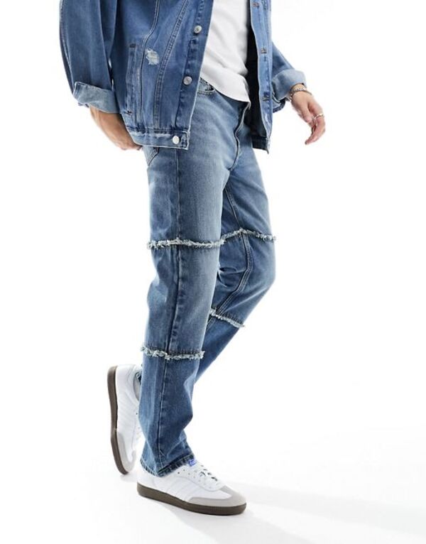 エイソス 【送料無料】 エイソス メンズ デニムパンツ ジーンズ ボトムス ASOS DESIGN straight leg jeans with frayed hem panels in mid wash blue MID BLUE