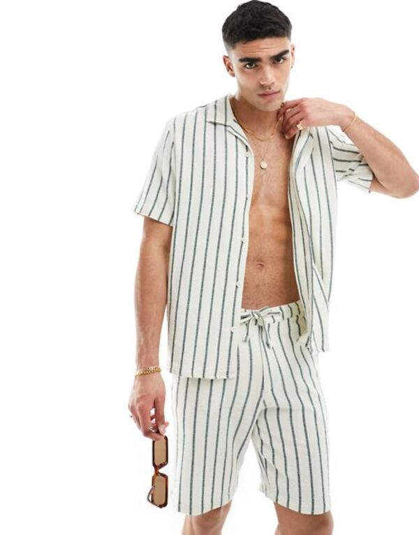 【送料無料】 セレクテッドオム メンズ シャツ トップス Selected Homme set oversized textured revere collar shirt in green stripe Eden