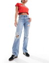  ストラディバリウス レディース デニムパンツ ジーンズ ボトムス Stradivarius straight leg jeans with rips in bleach wash BLUE