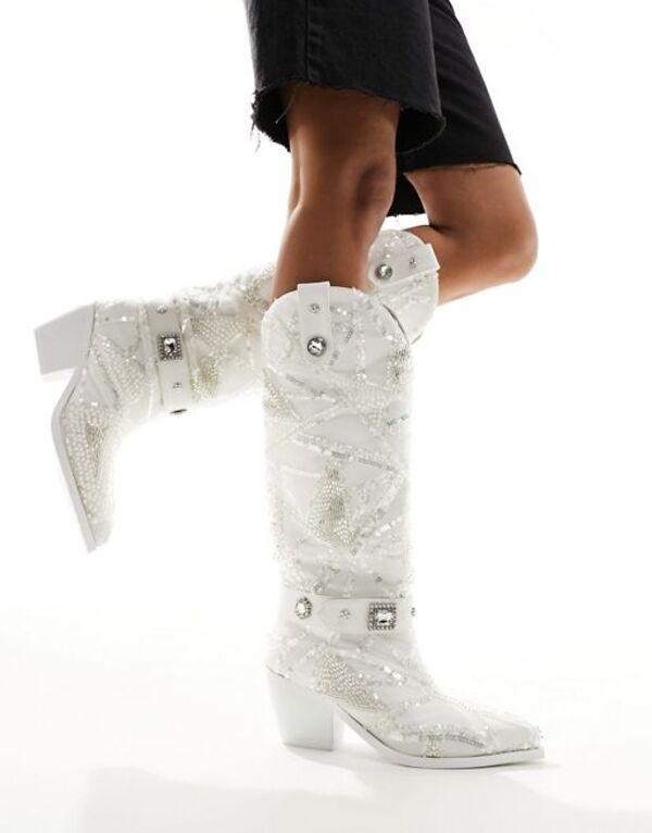  アザレア ワン レディース ブーツ・レインブーツ シューズ Azalea Wang Echoed embellished western boot in white WHITE