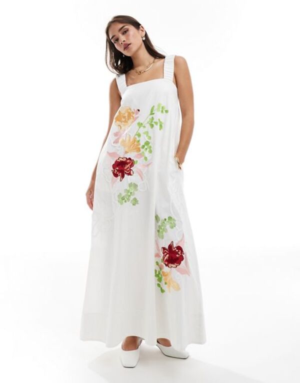 エイソス 【送料無料】 エイソス レディース ワンピース トップス ASOS EDITION embroidered floral square neck midi dress in white White