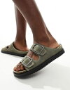 yz vAhxA[ fB[X T_ V[Y Pull&Bear double strap sandals with buckle detail contrast stitch in khaki Khaki