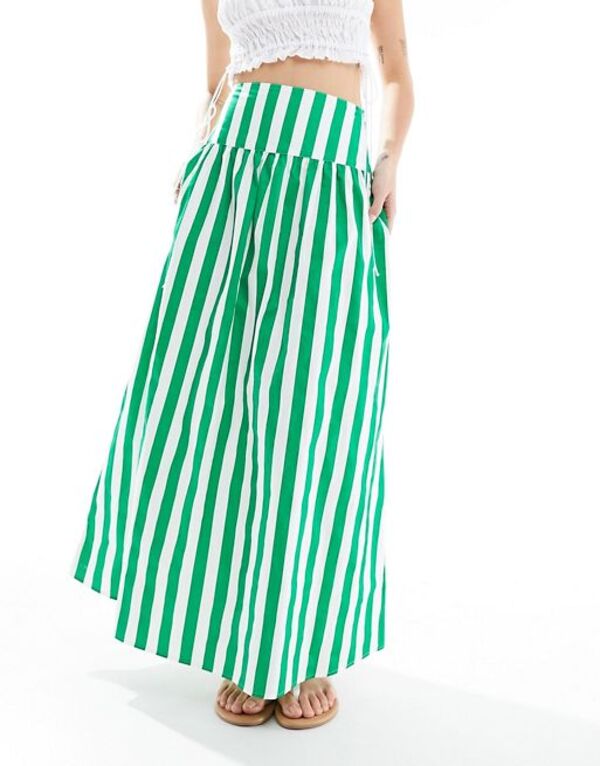  エイソス レディース スカート ボトムス ASOS DESIGN dropped waist cotton poplin maxi skirt in green stripe Green stripe