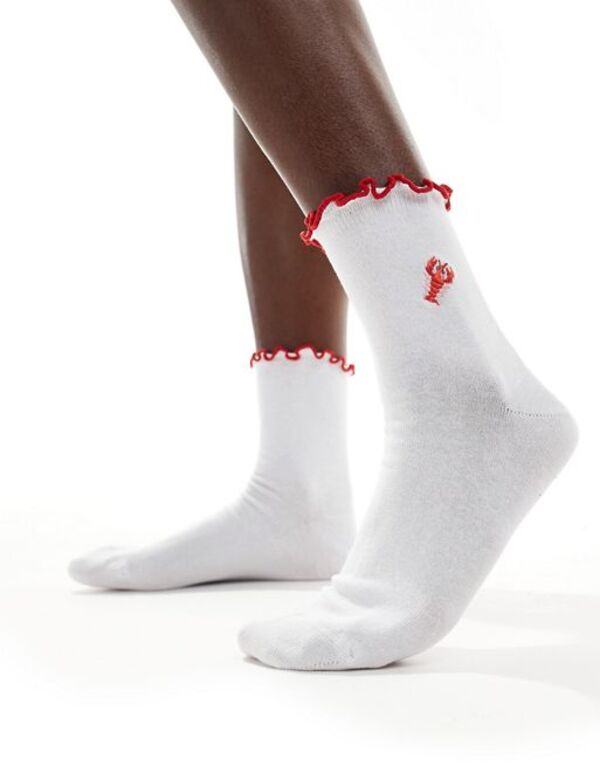 yz GC\X fB[X C A_[EFA ASOS DESIGN lobster embroidery socks with ruffle edge in white White