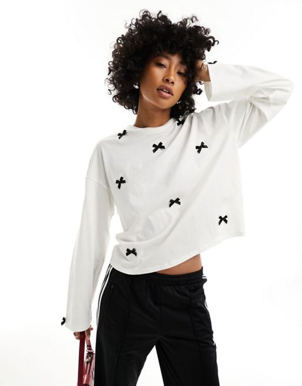 yz L fB[X TVc gbvX Monki long sleeve top with contrasting satin bows in light off white Light off white