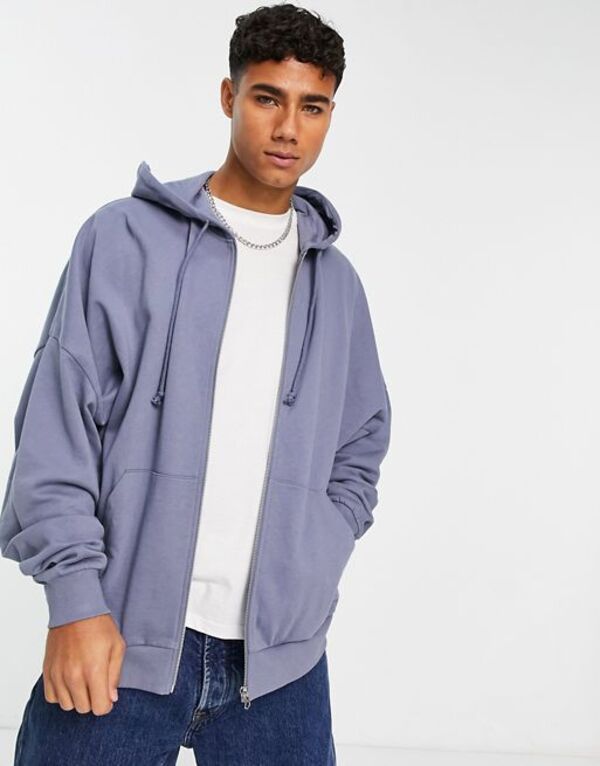 エイソス 【送料無料】 エイソス メンズ パーカー・スウェット アウター ASOS DESIGN super oversized zip through hoodie in washed blue Flintstone