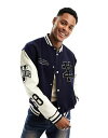 エイソス 【送料無料】 エイソス メンズ ジャケット・ブルゾン アウター ASOS DESIGN oversized varsity bomber jacket in navy with faux leather sleeves navy