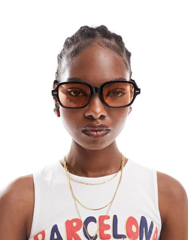 【送料無料】 エイソス レディース サングラス・アイウェア アクセサリー ASOS DESIGN mid square fashion glasses in black with orange lens Brown