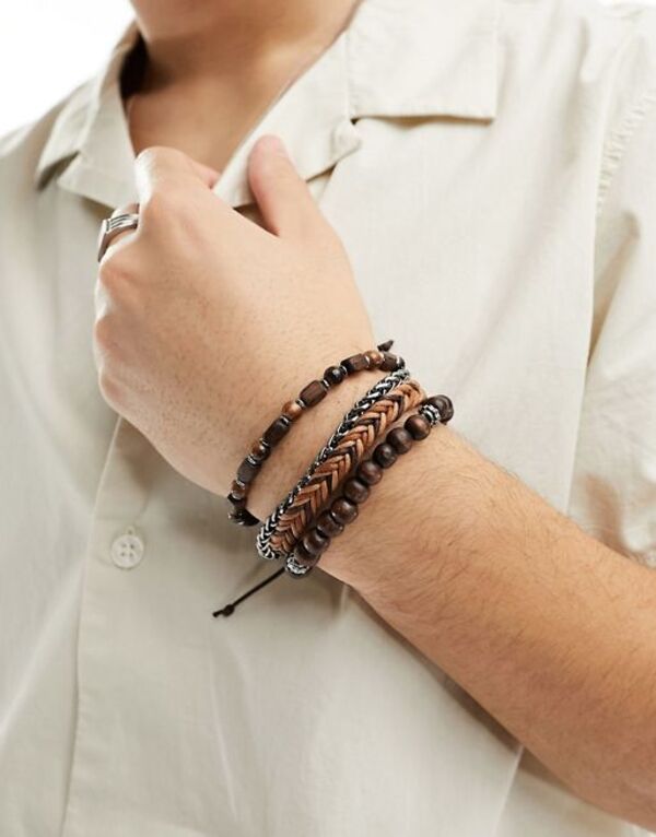 エイソス 【送料無料】 エイソス メンズ ブレスレット・バングル・アンクレット アクセサリー ASOS DESIGN 4 pack mixed bracelet set with beads and chain in brown Multi