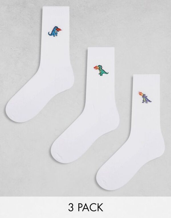  エイソス メンズ 靴下 アンダーウェア ASOS DESIGN 3 pack socks with dinosaur embroidery in white WHITE